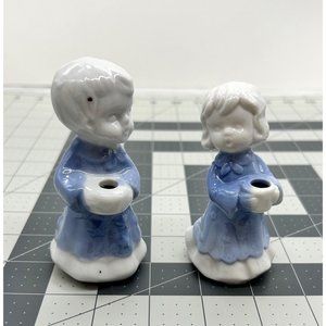 Set of Glazed Ceramic Girl and Boy Blue White Caroler Candle Holders